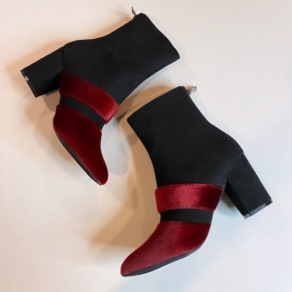 Zizyme Shoes - Black-Red Velvet Suede Ankle Booties
